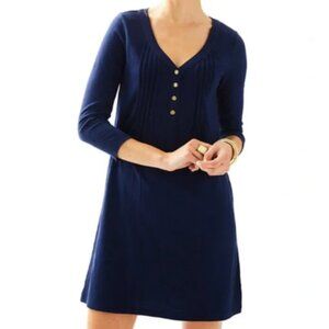 Lilly Pulitzer Navy Amberly V-neck Gold Logo Button Cotton Long Sleeve Dress S